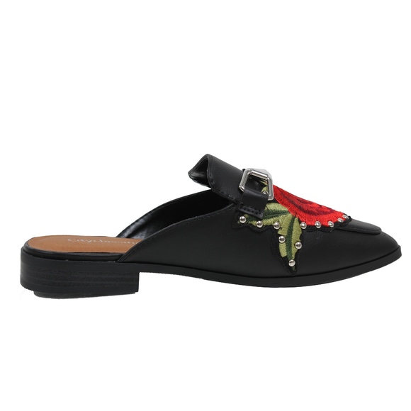 Black Rose Embroidery Backless Slip On Loafer Mule - Picture 3 of 6